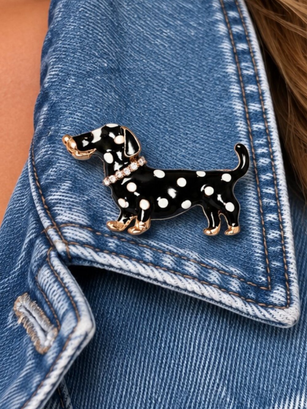 Dachshund Wiener Dog Brooch Pin Polka Dot Rhinestone Collar Doxie Jewelry